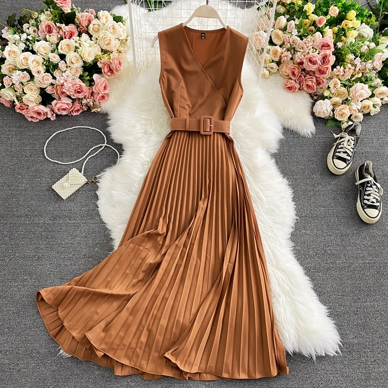 

Fashion Women Sleeveless Dress Spring Summer Solid Color Dress