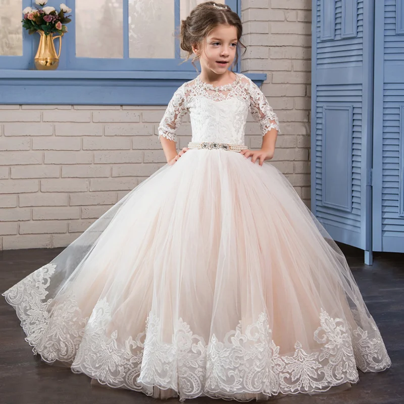 

Flower Girls Dresses Ivory Puffy Appliques Jewel Belt Lace Hem Half Sleeve For Wedding Birthday Party First Communion Gowns