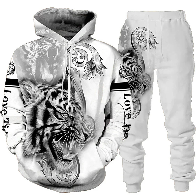 3D Tiger Print Hoodies Sweatshirt And Pants Men Women 2 Piece Sport Tracksuit Autumn Winter Clothes New
