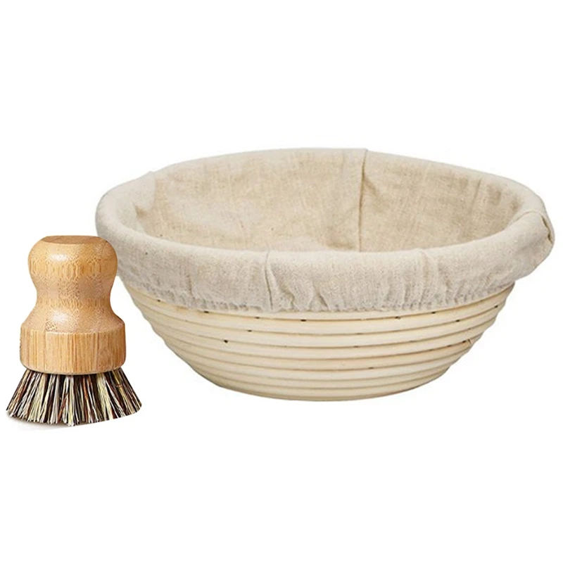 

Proofing Basket Set, Round, Diameter 25 Cm, Proofing Basket Made Of Natural Wicker With Linen Insert And Cleaning Brush