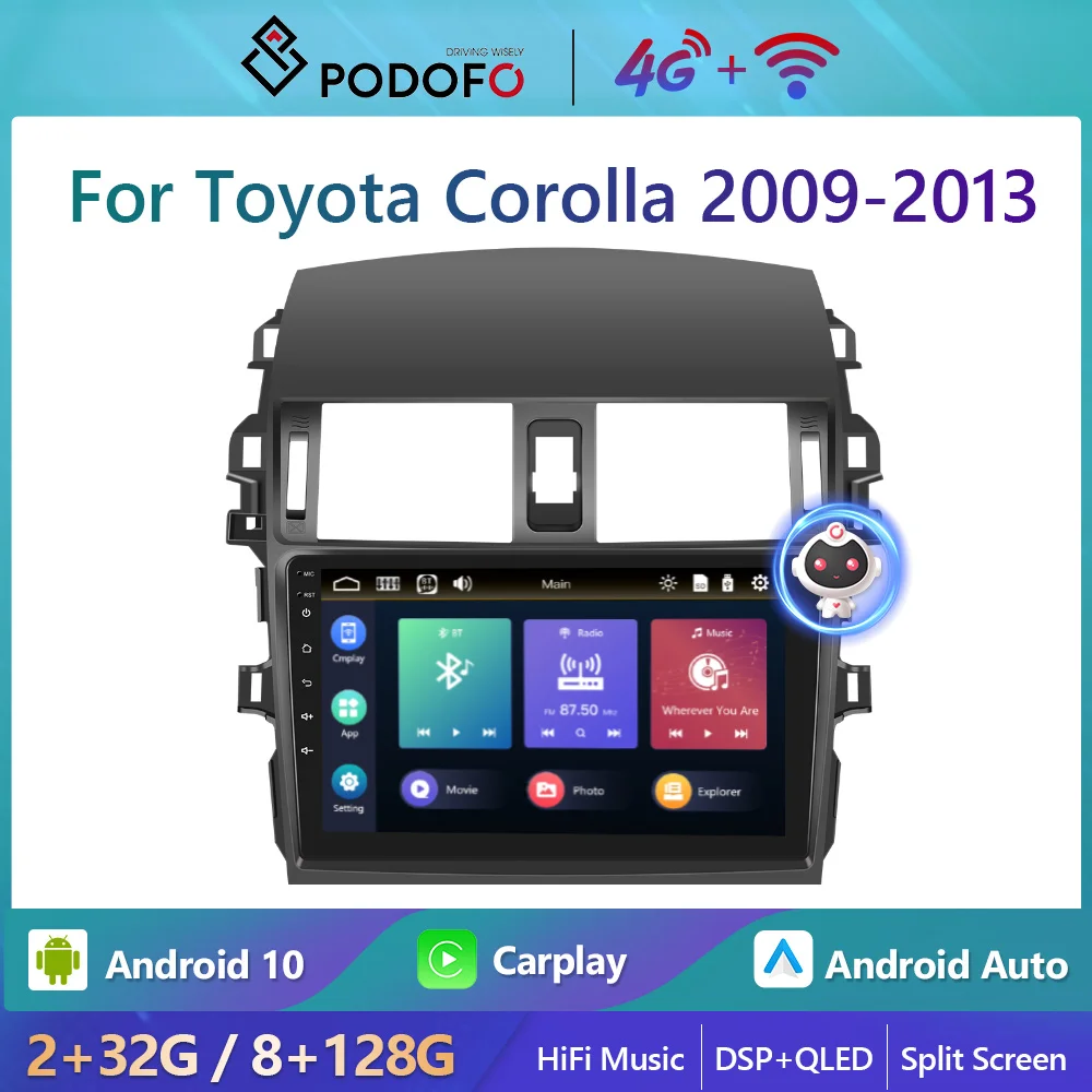 

Podofo Android 4G WiFi Car Radio For Toyota Corolla 2009-2013 Carplay Autoradio 8+128G Stereo Player Ai Voice HiFi Music DSP