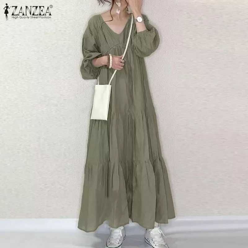 

Kaftan Ruffle Dress Women's Spring Sundress ZANZEA 2022 Casual Puff Sleeve Maxi Vestidos Female V Neck Robe Femme Oversized