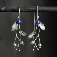 vintage tree branch vines leaves drop earrings tribal jewelry antique silver color inlaid navy blue beads stone earrings