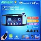 Автомобильный радиоприемник JUSTNAVI на Android 10, мультимедийная система с GPS навигацией, DVD, для Toyota Allion Premio T240 2001-2007