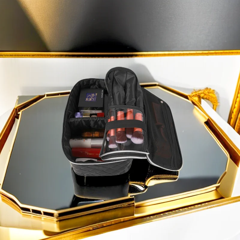 Travel Makeup Bag Double Layer  Portable Cosmetic Bag with Divider Organizer Case for Storage Cosmetics Make up Brush Large Capa