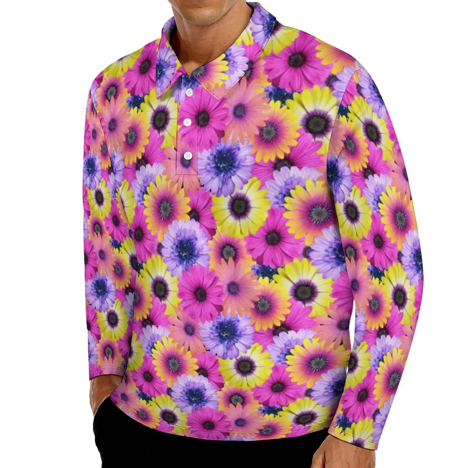 

Повседневные футболки с африканскими маргаритками, розовые фиолетовые рубашки поло с цветочным принтом, Мужская винтажная рубашка, осення...