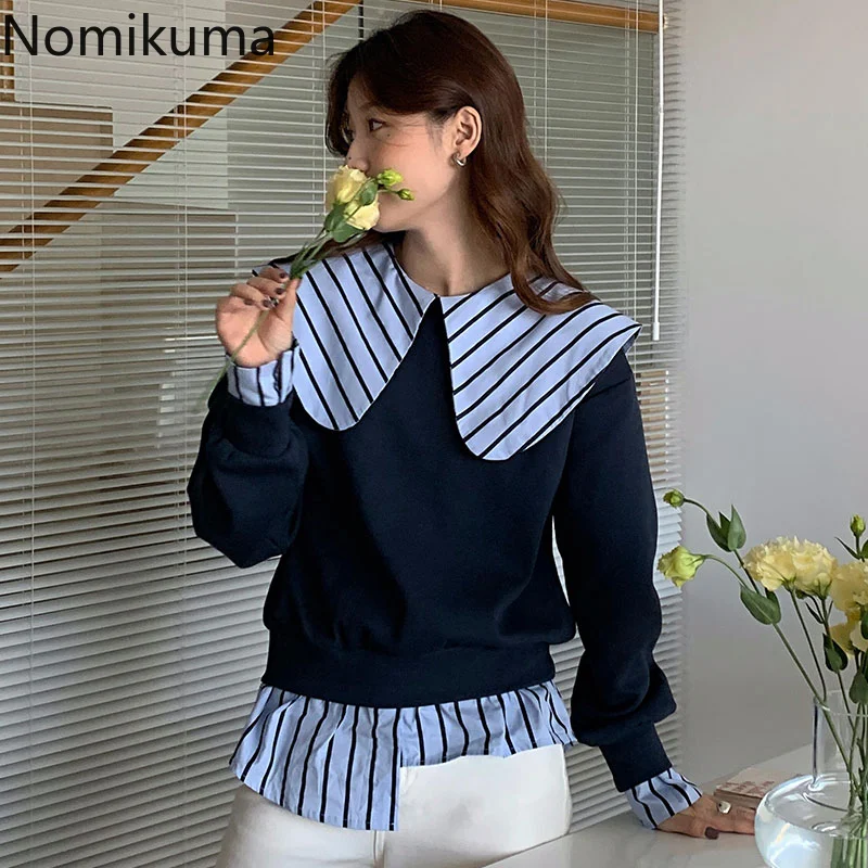 

Nomikuma Sudaderas Con Capucha Spring Autumn Doll Collar Striped Contrast Color Patchwork Hoodies Women Preppy Sudadera Mujer