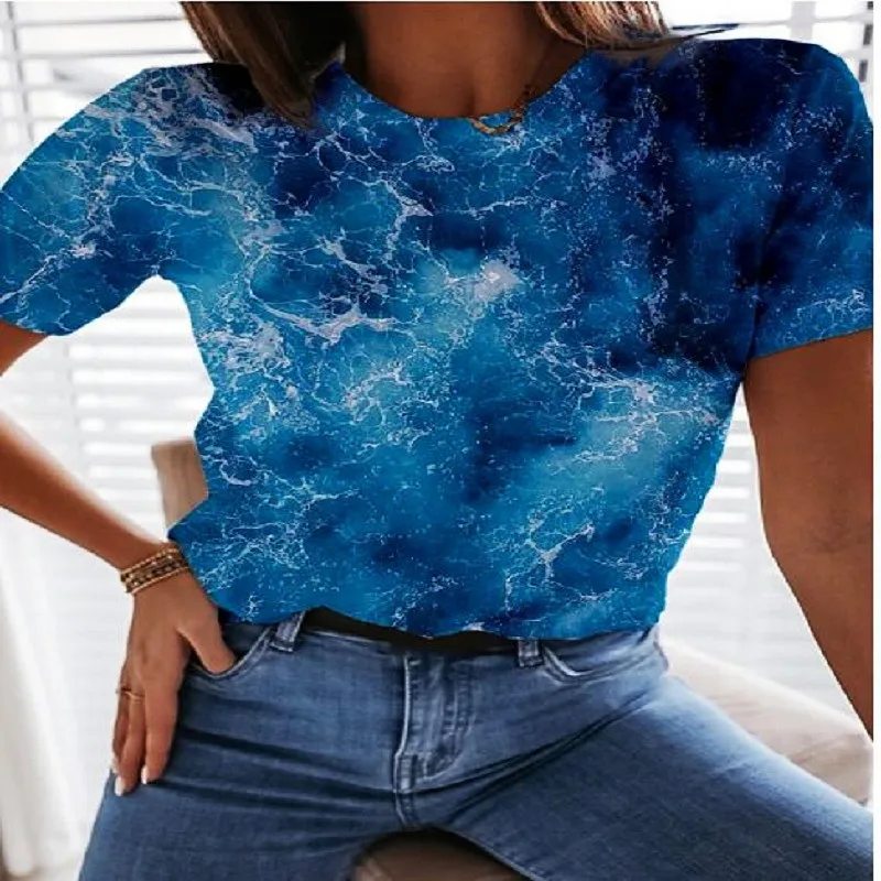 

3D niebieski abstrakcyjny wzór wokół szyi na zewnątrz na co dzień ulica styl moda damska T-Shirt w za dużym rozmiarze lato nowy