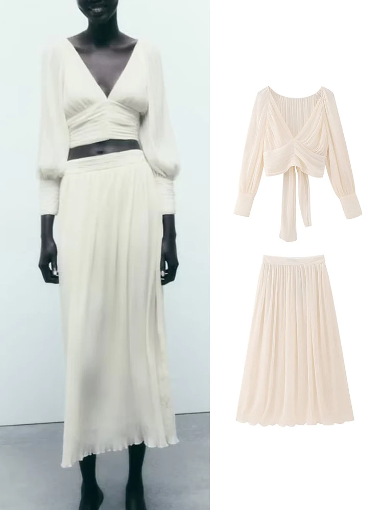 

Женский шифоновый комплект из юбки и топа, с длинным рукавом