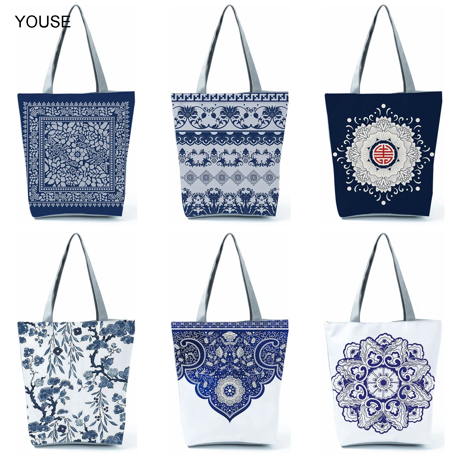 

Elegant Lady Girls Handbag Floral Porcelain Geometry Abstract Pattern Shoulder Bag Casual Teenager Storage Tote for Shopping Bag