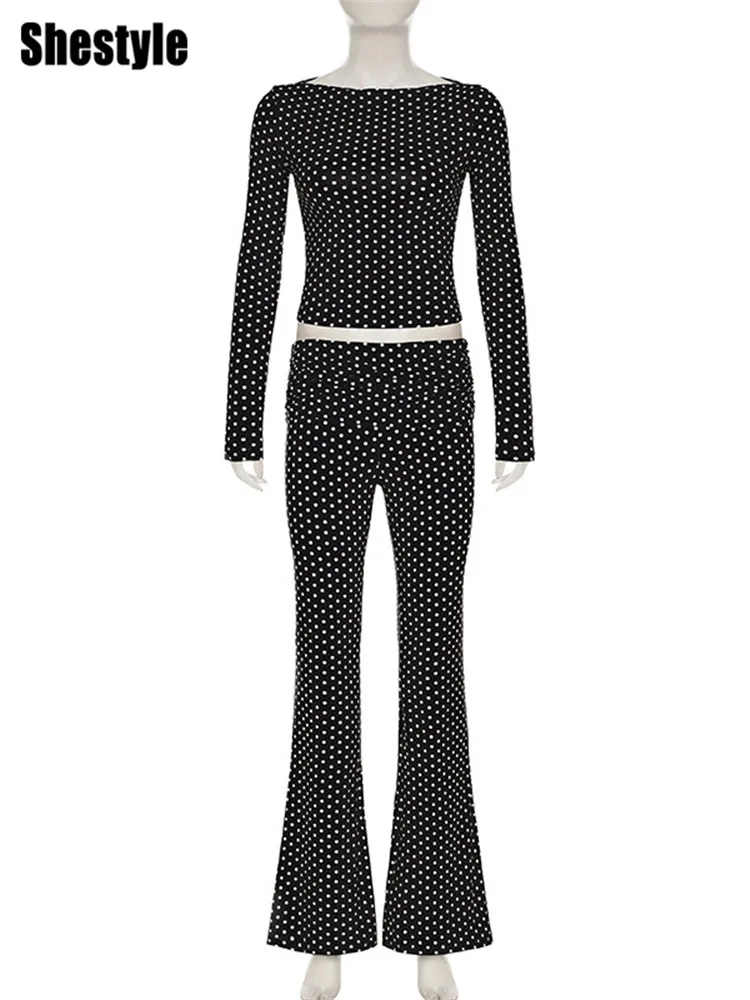 Shestyle Polka Dot Женские черные комплекты из двух предметов Сексуальные расклешенные