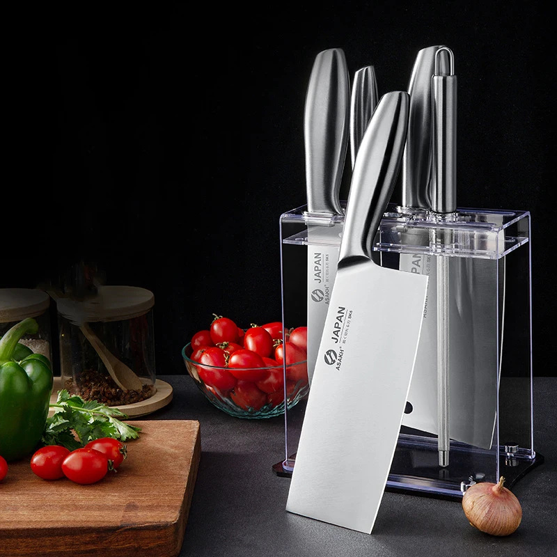 

7pcs Kitchen Knife Set Stainless Steel Knife with Holder Chef Utility Meat Cleaver Scissors Cooking Tools