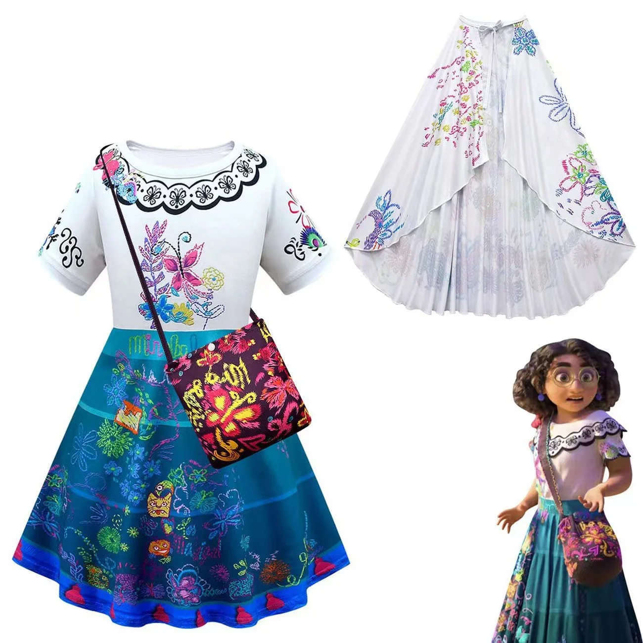 

Encanto Madrigal Cosplay Costume Girl Dress Fancy Dresses for Carnival Halloween Princess Dress Glasses Earrings Mirabel Costume