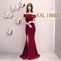 women off the shoulder dress satin long mermaid sleevess female fashion formal gowns split solid color sexy wedding party dress