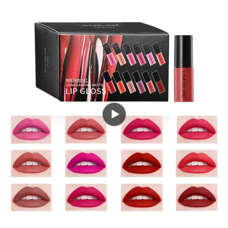 

12 Colors/set Mini Lip Gloss Set Matte Lipstick Long Lasting Non-stick Cup Cosmetics High Quality Holiday Gift Box TSLM1