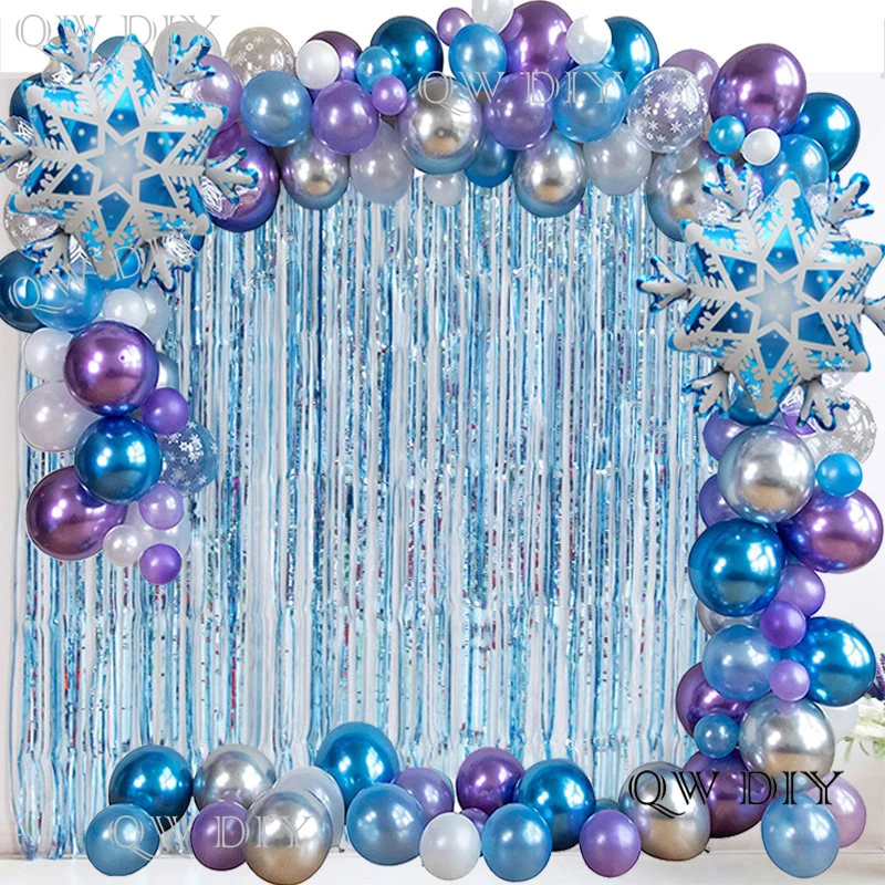 Chrome Pearl Blue Purple elsa Frozen Birthday Snow Queen Balloon Garland Arch Kit Rain Curtains Babyshower Girl Party Decoration