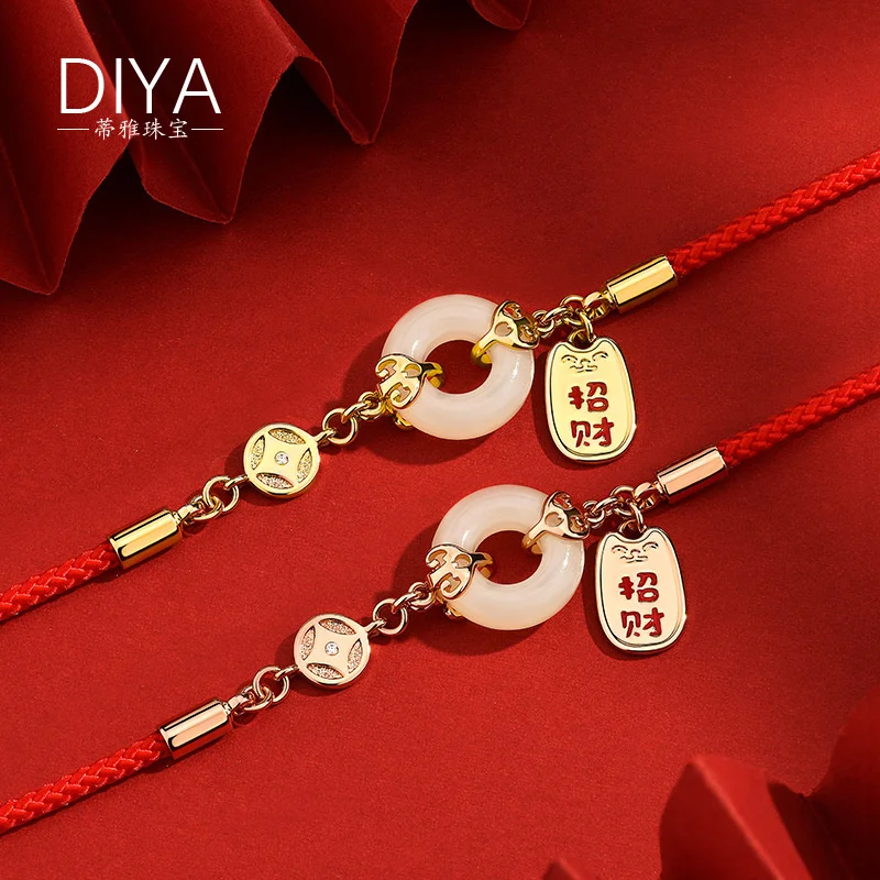 Подлинный роскошный бренд настоящие драгоценности серебряный нефрит инкрустированная безопасная застежка Китай-шик Фэн Чжао Цай пин 925 Серебряная китайская Веревка регулируемая