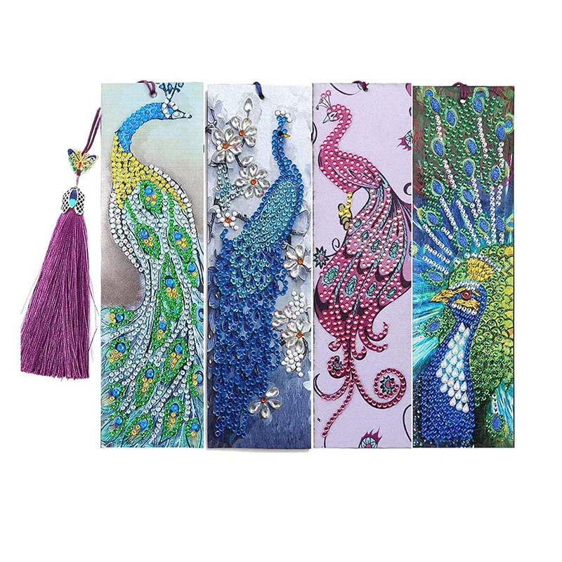 

4PCS 5D Diamond Painting Bookmarks Painting Kits For Adults Peacock Diamond Art Special Shape Diamonds 8.3X2.4 Inch