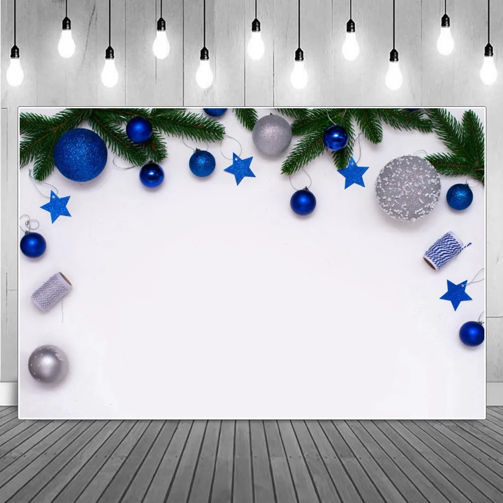 

Christmas Blue Stars Blank Paper Photography Backdrops Custom Silver Balls Cup Pine Needle Decoration Studio Photo Backgrounds