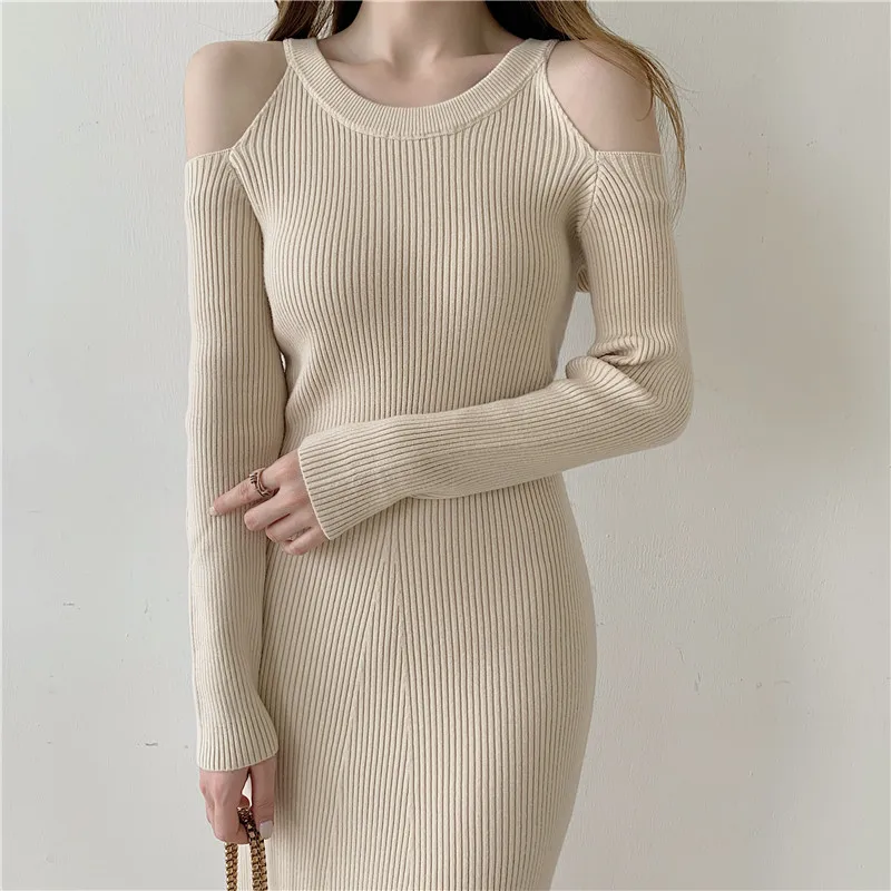 

Croysier Dresses For Women 2021 Winter Elegant Crew Neck Long Sleeve Ribbed Knitted Dress Cold Shoulder Sexy Bodycon Midi Dress