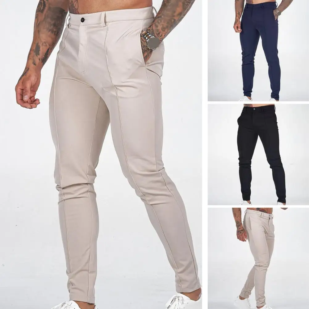 

Men Pants Solid Color Mid Waist Business Long Trousers Slim Fit Pockets Ankle Length Button Summer Pants