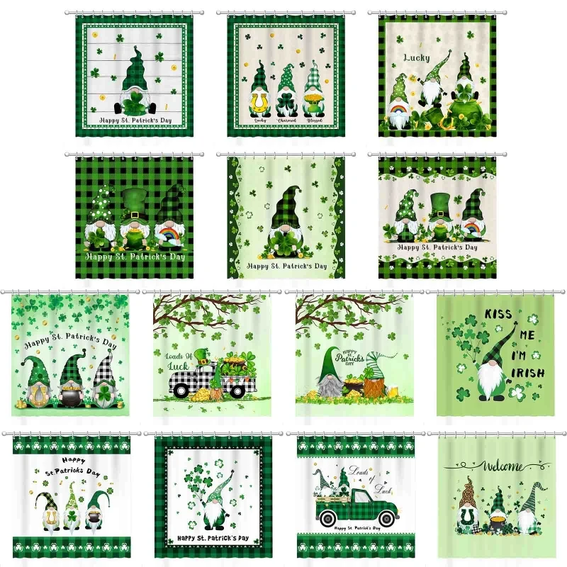 

Patrick's Day Shower Curtain Gnomes Clover Bath Curtain with Hooks Waterproof
