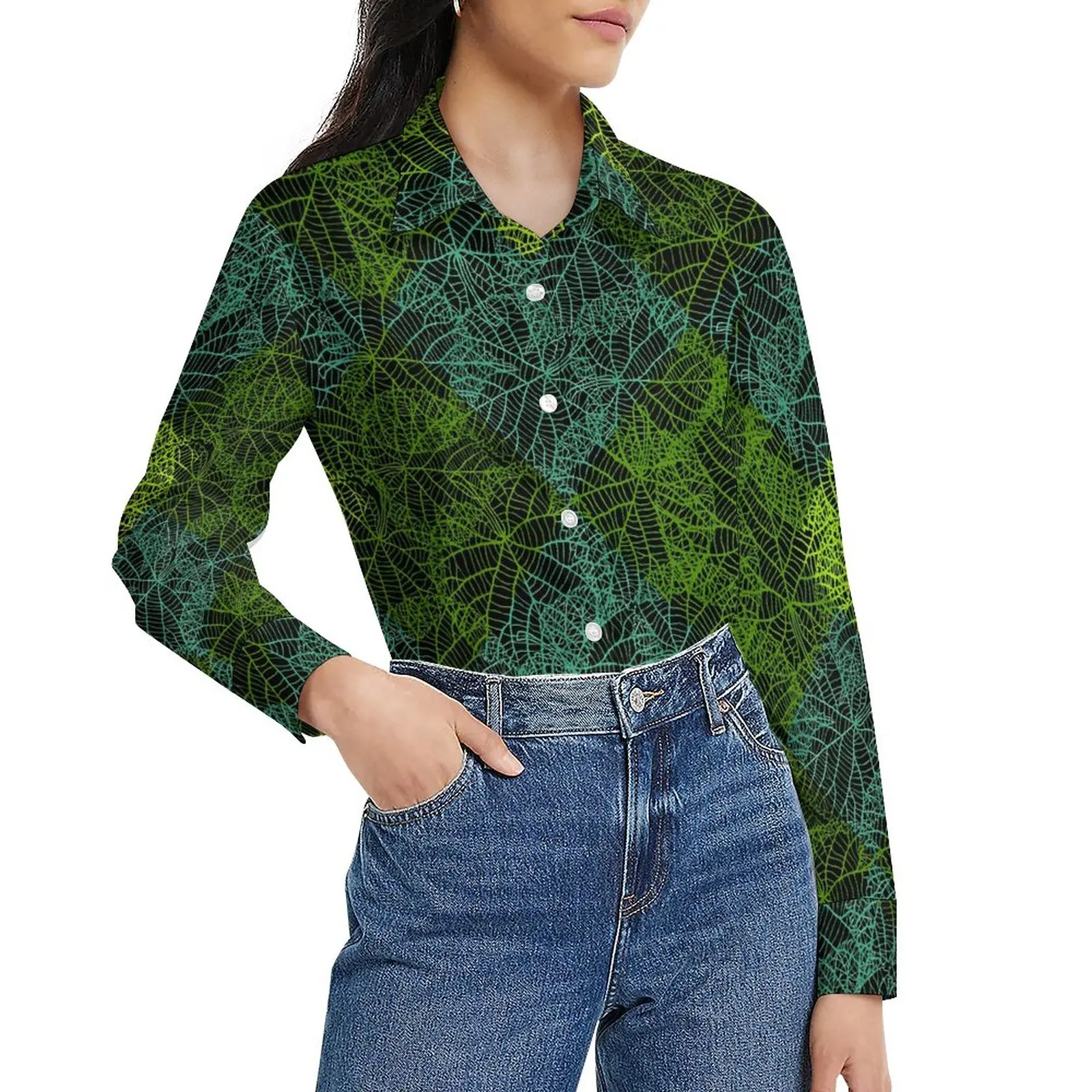 

Cute Plant Loose Blouse Palm Print Street Style Oversized Blouses Women Long-Sleeve Office Shirt Spring Pattern Top