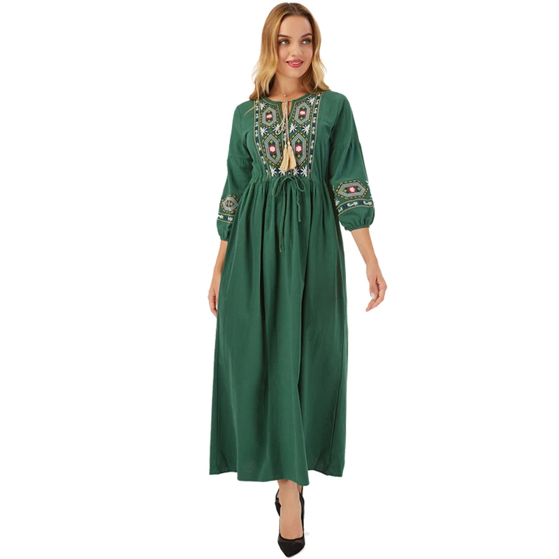 

Женские осенние платья 2022, богемное платье с цветочной вышивкой, V-образным вырезом и рукавами-фонариками, плиссированное платье с высокой т...