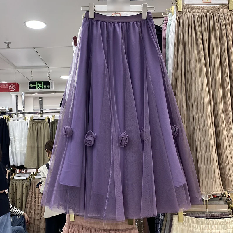 

Mesh A-Line Skirt High-Waisted Mid-Length Korean Fashion Skirts Faldas Mujer Moda Solid Color Casual All-Match Dropshipping