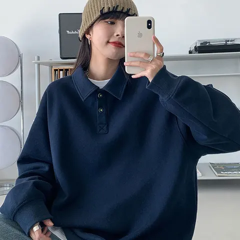 Polo Collar Sweatshirt Women 2022 Autumn Winter New Korean Loose Casual BF Streetwear Style Pullover Long Sleeve Tops Coat