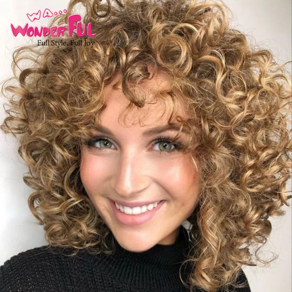 Хайлайтер короткий вьющийся парик с челкой Омбре смешанный коричневый