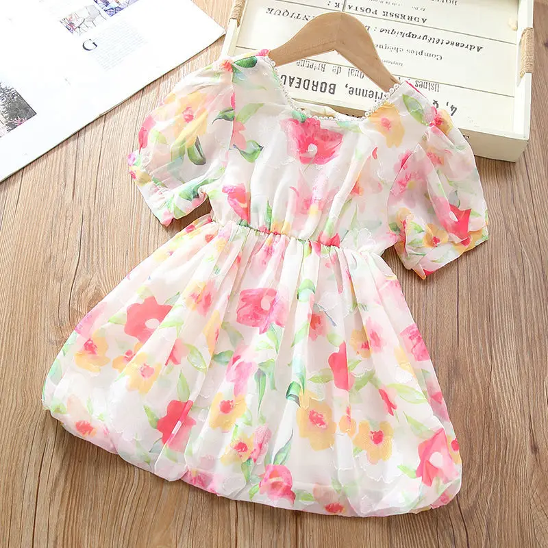 

Шифоновое платье с коротким рукавом для девочек, свободное платье принцессы с цветочным принтом, одежда для маленьких девочек, лето 2022