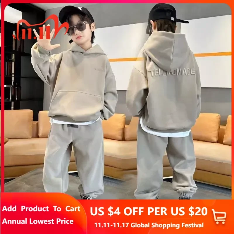 

Autumn Junior Boy Clothes Set Children Letter Hooded Pullover Top Pant 2Pcs Outfits Kid Tracksuits Student Loungewear