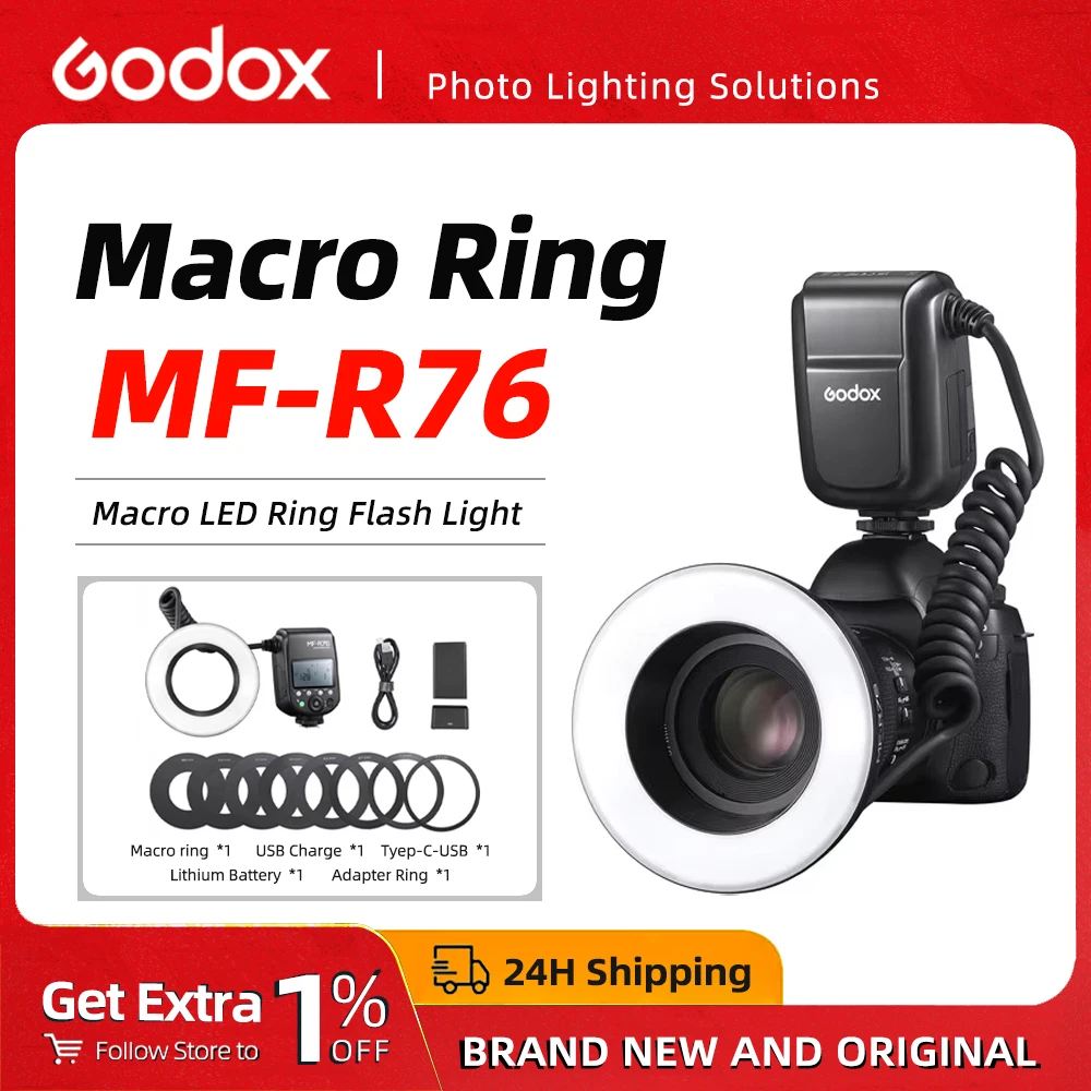 Фото Godox MF-R76 5000K Макросветодиодная кольцевая вспышка RING76 2,4G Беспроводная вспышка Speedlite, совместимая с камерами Sony Canon Nikon №1