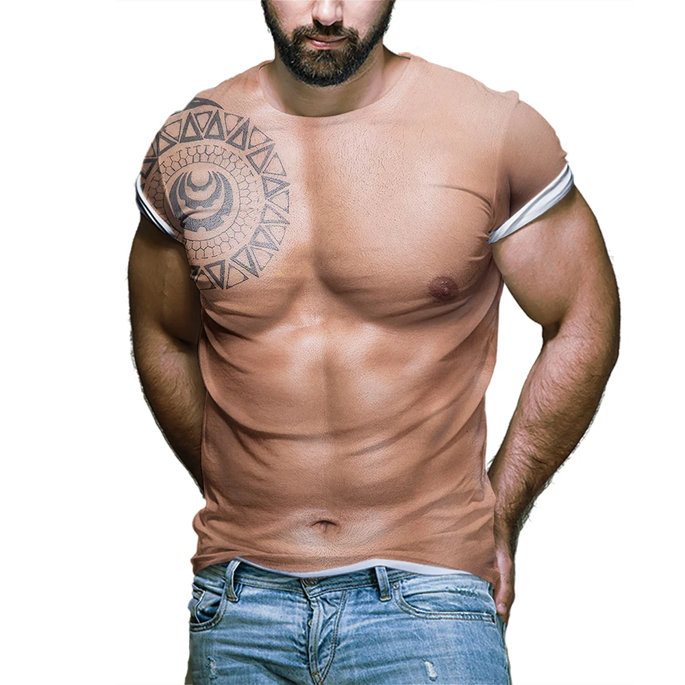 

New Muscle Short Sleeve t shirt Mens Cool Tops 3D Printing streetwear Man Fake Pectoral muscle T-shirt Abdominal Fitness t-shirt