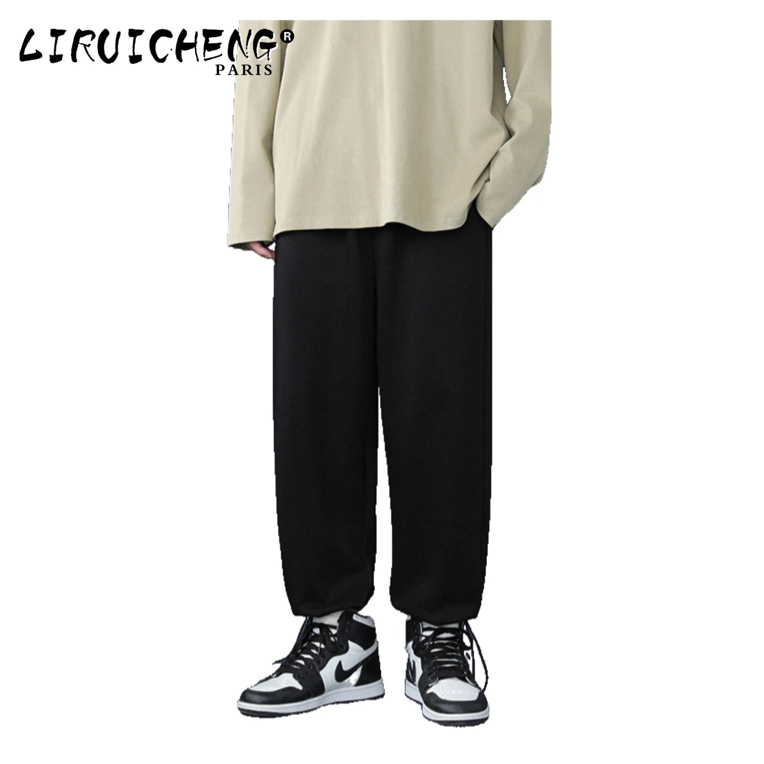 

2023 Spring Men's Baggy Straight Leg Sweatpants Korea Style Fashion Wide-leg Pants Casual Trousers Male Black White Light Grey