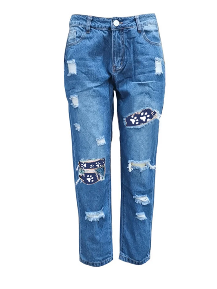 Women streetwear loose cowgirl trousers button zipper hip-hop retro high-waisted straight jeans denim ripped color matching
