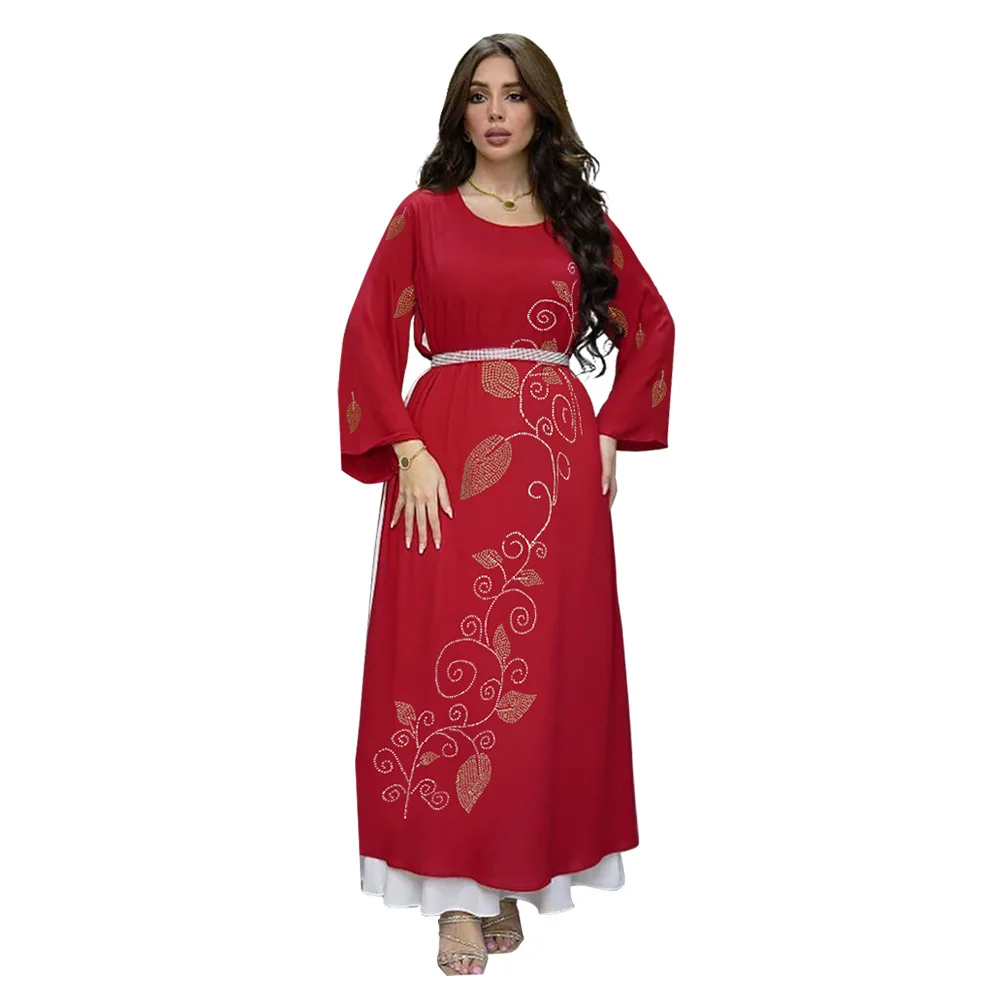 2023 Spring Summer Muslim Women Long Sleeve O-neck Polyester Green Pink Long Dress Abaya Dress Muslim Fashion Dress