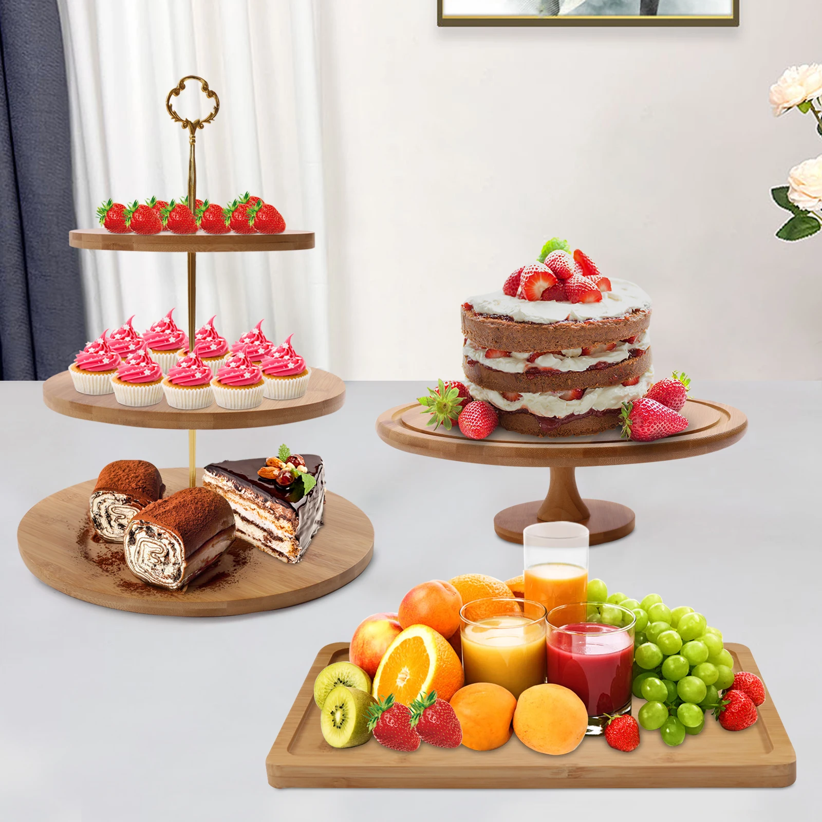 

3pcs Bamboo Cake Stand Cupcake Wood Dessert Table Stands Set for Birthday Party