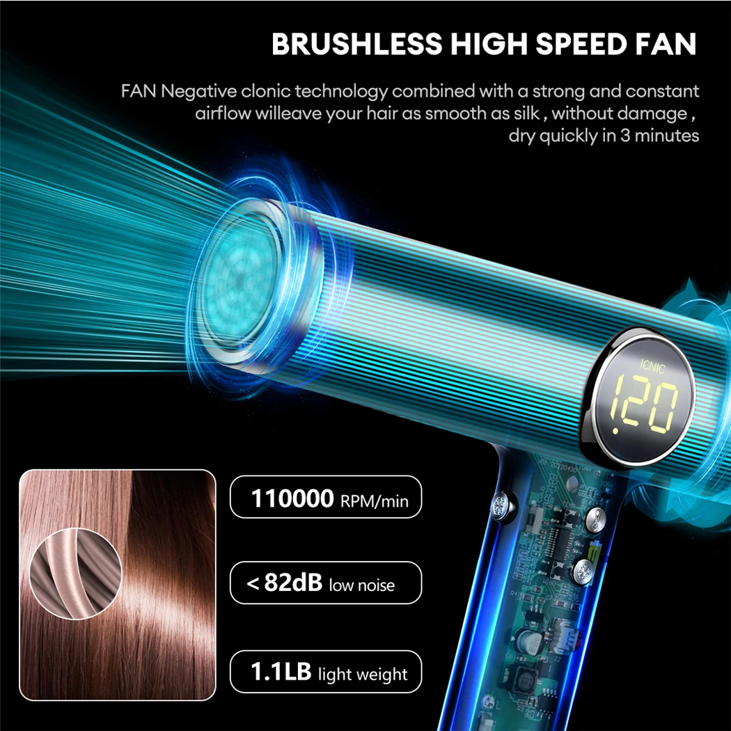 CkeyiN 1500W Hair Dryer Brushless DC Motor Blow Dryer Low Noise Hair Styling Tool with 3 Wind Speed 4 Temperatures LCD Display enlarge