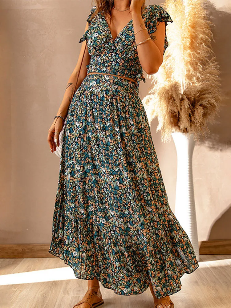 Summer Women Fashion Floral Print Skirt Sets 2022 Sexy Backless V-neck Short Sleeve Top \u0026 High Waist Long Skirt Casual Swing Set
