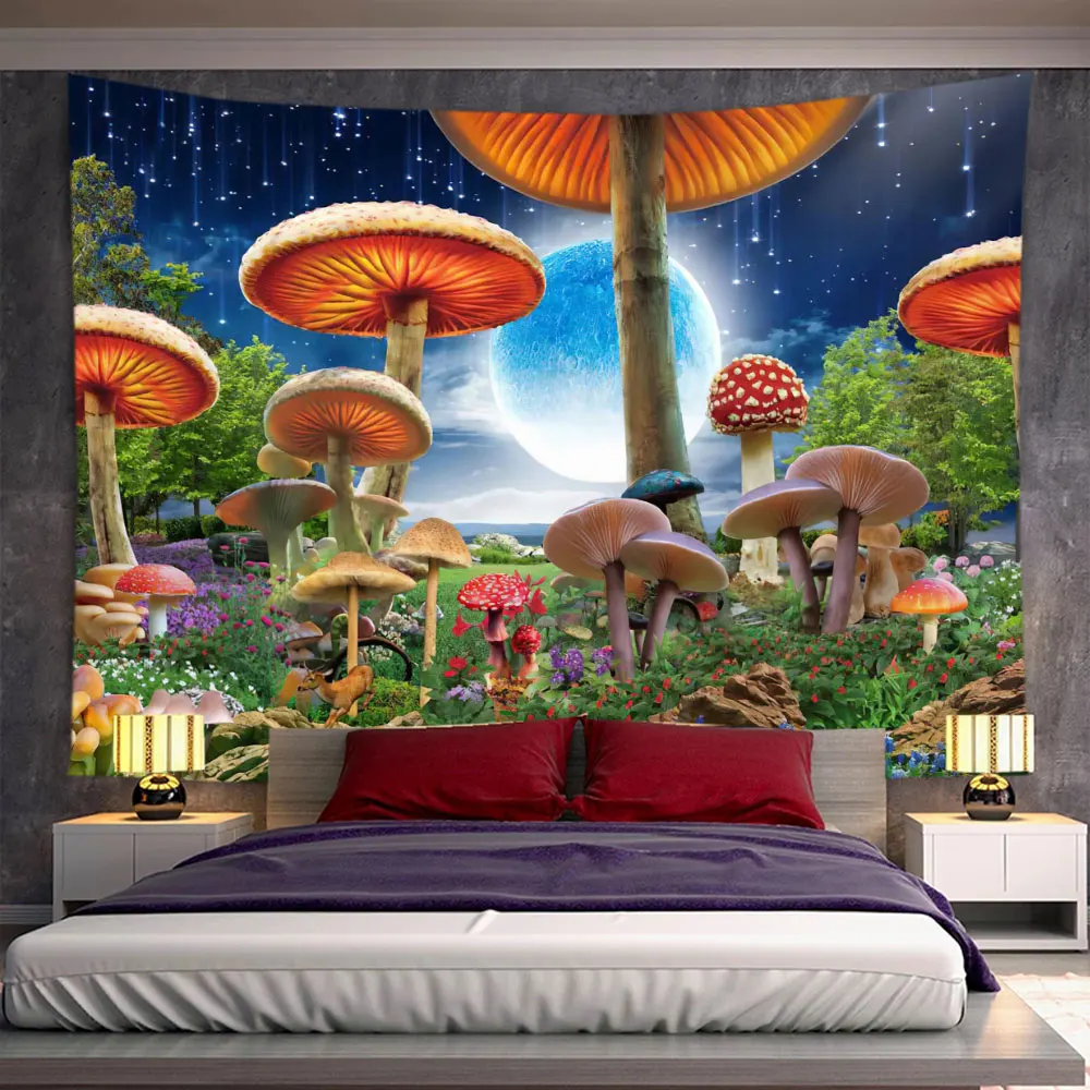 

Psychedelic Mushroom Forest Tapestry Hippie Wall Hanging Moon Starry Sky Tapestries Mandala Backdrop Carpet Ceiling Table Cloth