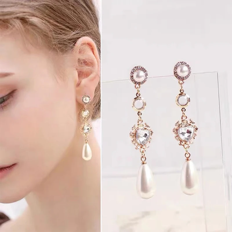 

Love Pearl Long Evening Earrings for Women's Gift Vintage Silver Needle Earrings Diamond 2022 Luxury Ear Clips Jewelry for Party