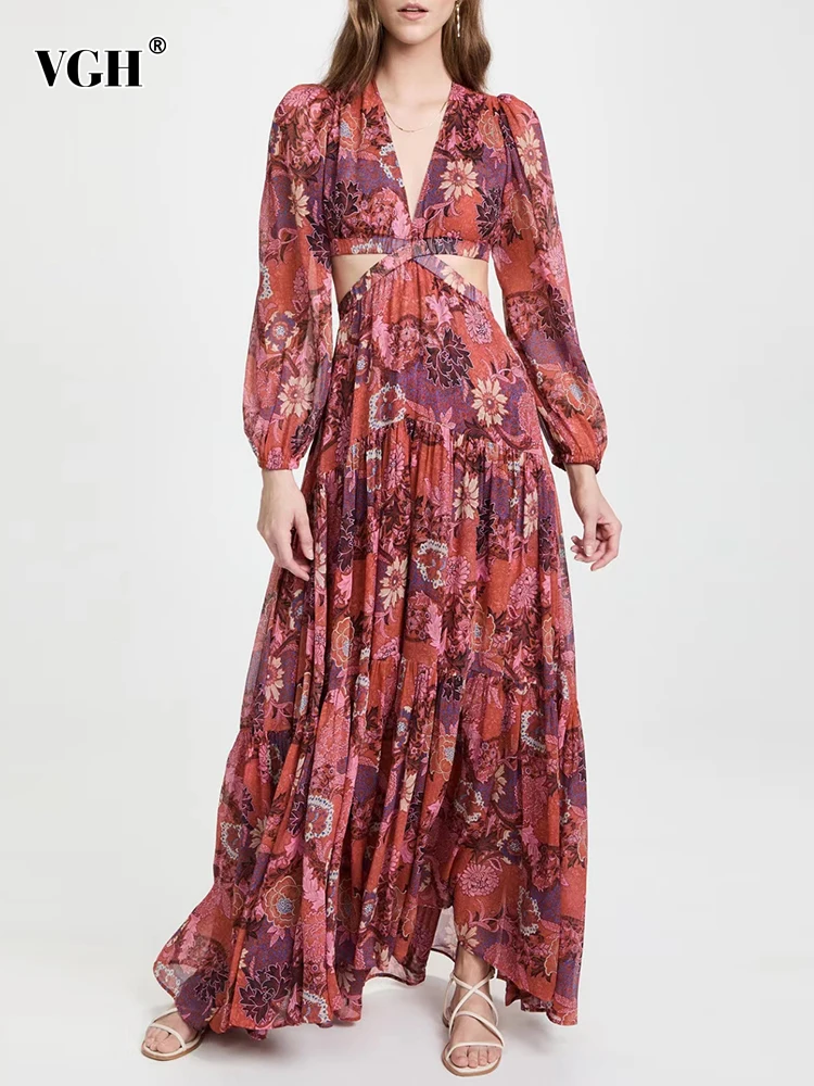

VGH Vintage Print Colorblock Dress For Women V Neck Long Lantern Sleeve Cut Out High Waist Midi Dresses Female 2022 Clothing New