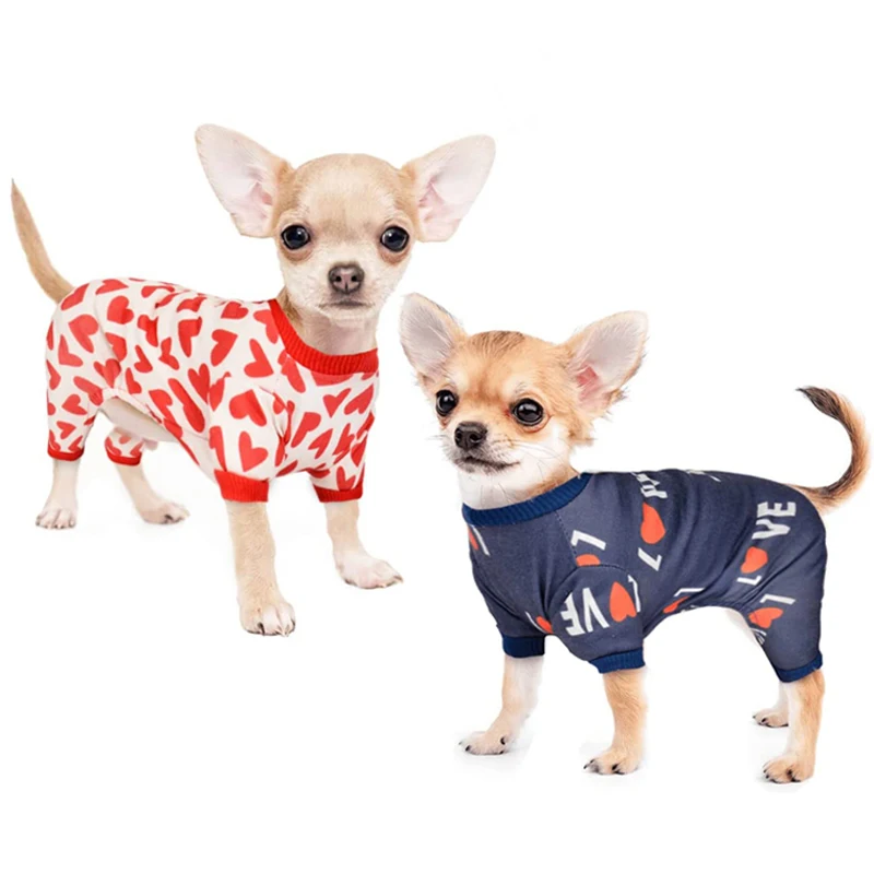 Male Dog Pajamas Onesies Comfy Stretchy Heart Print Puppy Pjs Cotton Pet Jumpsuit Clothes for Small Dogs Yorkie Chihuahua Beagle