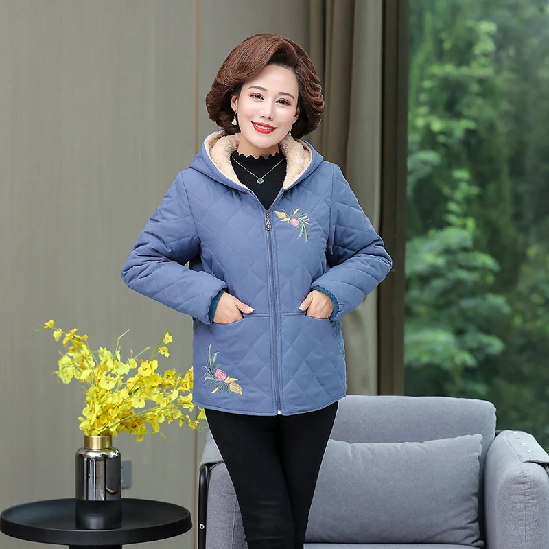 Middle Aged Elderly Women Winter Thicken Coat embroidered Hooded Fleece Cotton Jacket Warm Mother Parka 5XL