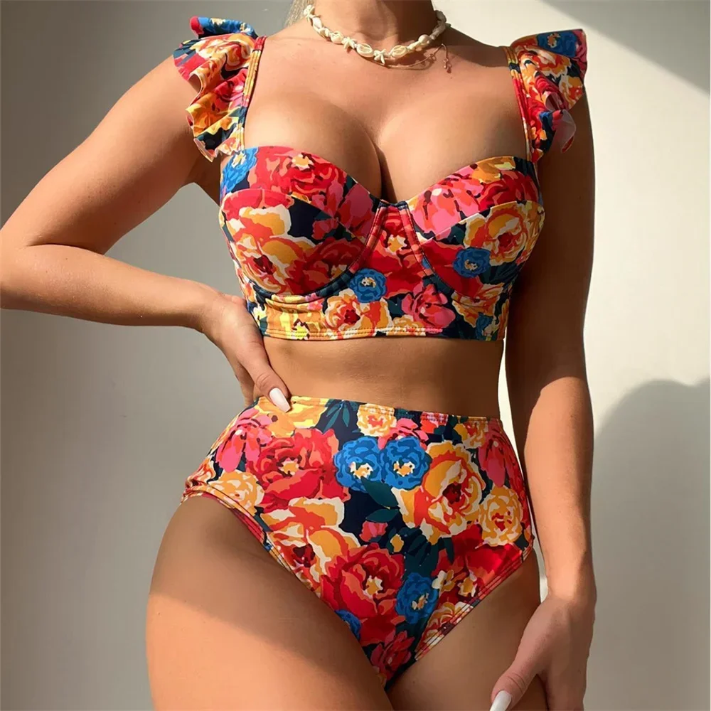 Милый бикини с оборками и цветочным принтом купальник эффектом пуш-ап высокой