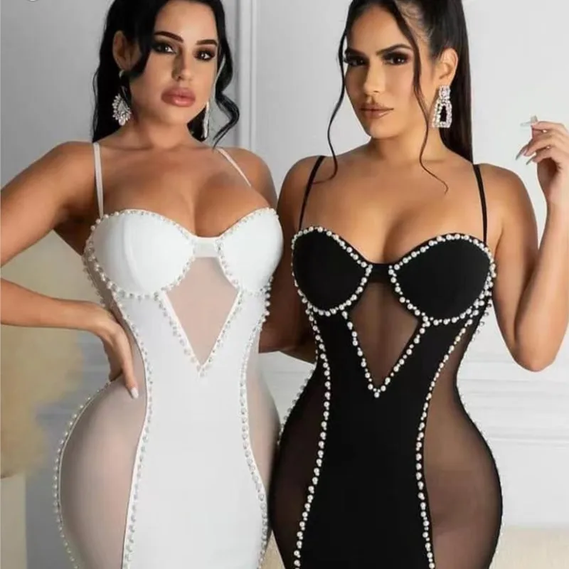 

2022 Celebrity Party Dresses Top Quality High Street White Black Sexy Spaghetti Strap Sleeveless Beaded Patchwork Bandage Dress