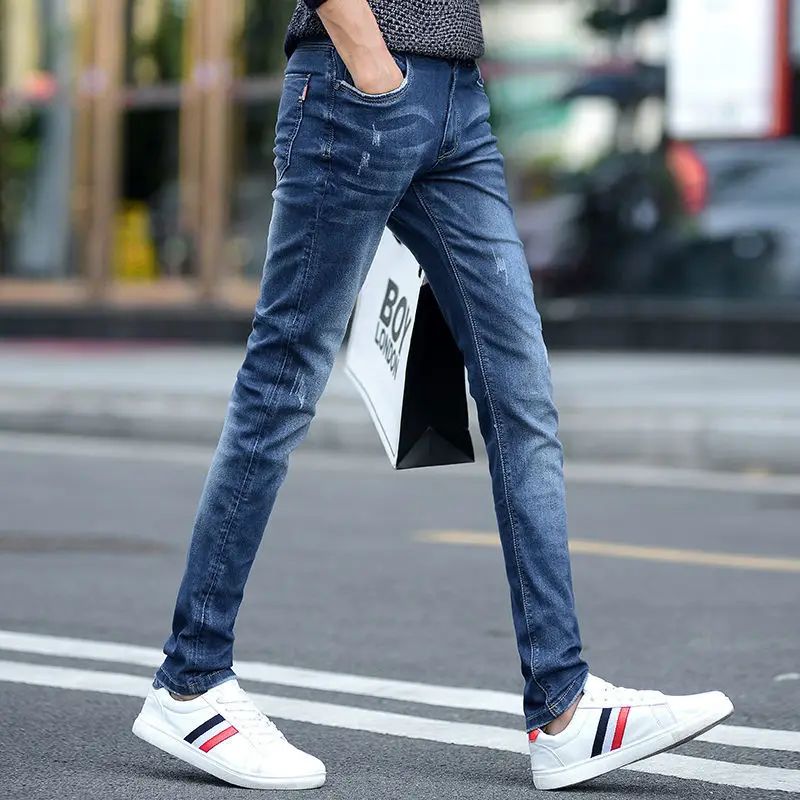New Jeans Male Student Korean Style Trendy Slim Fit Skinny Ripped Ankle-Length Pants Stretch Versatile Casual Pants Male