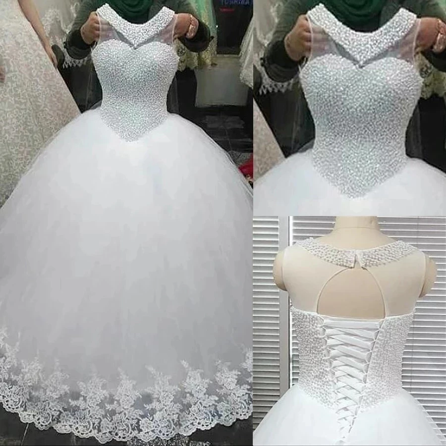 

GUXQD Scoop-Neck Ball Gown Wedding Dresses Vestido De Noiva Fashion Pearls Lace Appliques Tulle Princess Formal Bridal Gowns